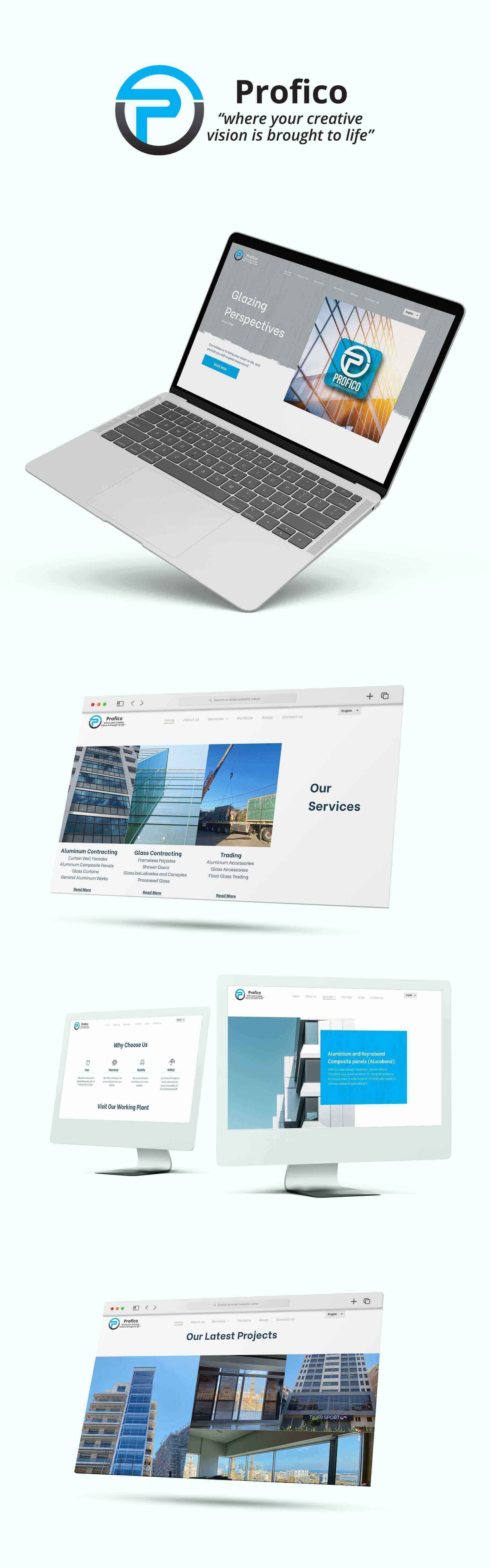 Template website setup for Profico aluminium and glass company in Lebanon